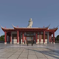Ancient Chinese Architecture With Traditional Curved Eaves Red Pillars And Front Statue In Stone Courtyard