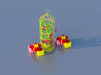 Yellow Birdcage With Green Plants And Gift Boxes With Red Yellow Flowers On Blue Background 3d model