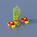 Yellow Birdcage With Green Plants And Gift Boxes With Red Yellow Flowers On Blue Background