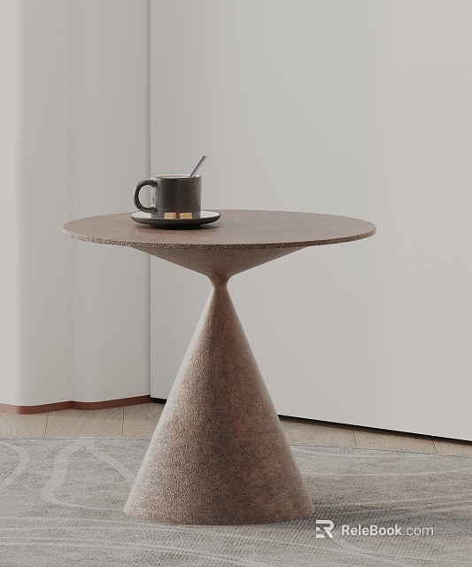 Round Textured Side Table with Conical Base and Black Mug on Saucer in Modern Room 3d model 