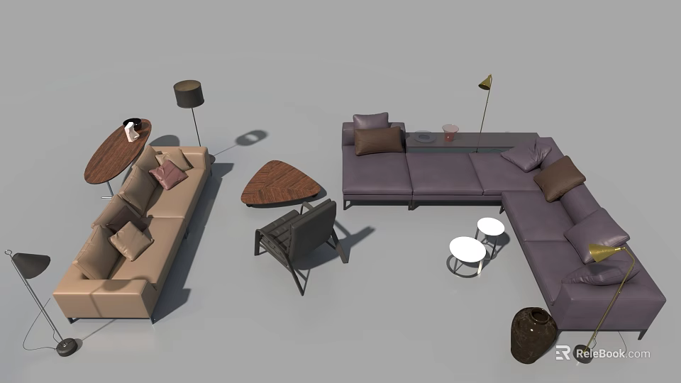 Modern Sofa Coffee Table Combination With Gray Upholstery Accent Chairs And Wooden Tables 3d model 