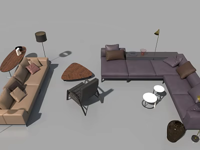 Modern Sofa Coffee Table Combination With Gray Upholstery Accent Chairs And Wooden Tables 3d model