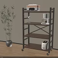 Home Kitchen Storage Shelf with Metal Frame Wood Layers Wheels Beside Potted Plant