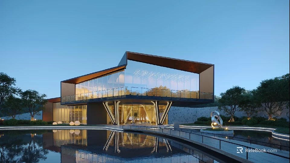 Modern Sales Office Building With Glass Facade Pool Reflection And Landscaped Surroundings 3d model 