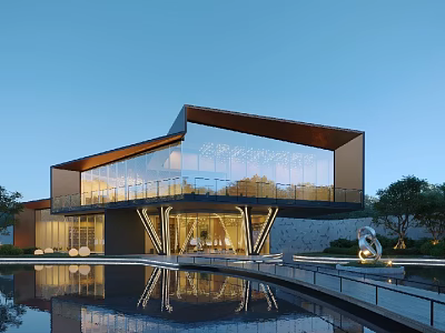 Modern Sales Office Building With Glass Facade Pool Reflection And Landscaped Surroundings 3d model