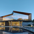 Modern Sales Office Building With Glass Facade Pool Reflection And Landscaped Surroundings