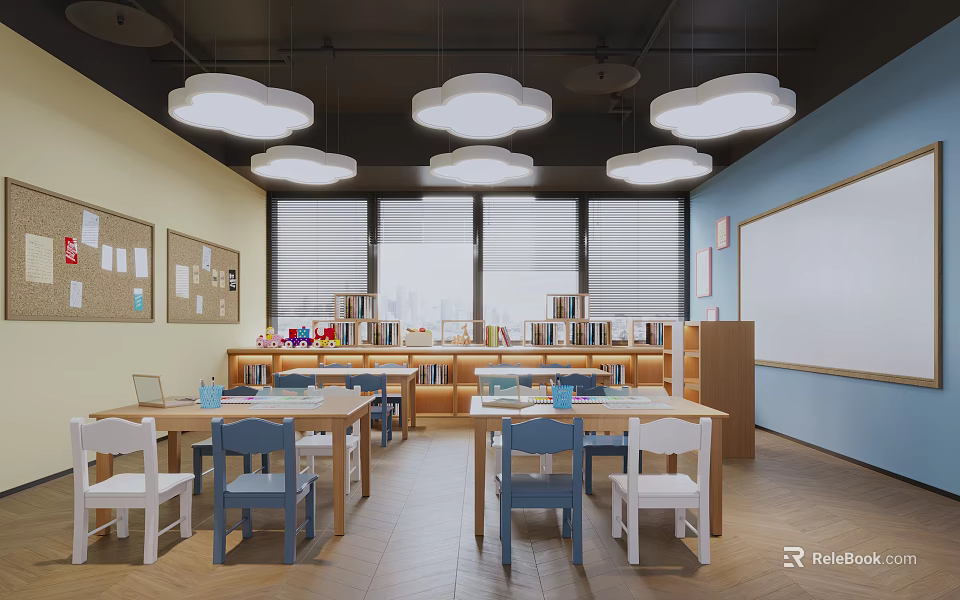 Kindergarten Classroom Interior With Blue White Chairs Cloud Lights And Bookshelves 3d model 