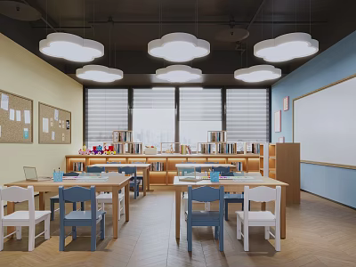 Kindergarten Classroom Interior With Blue White Chairs Cloud Lights And Bookshelves 3d model