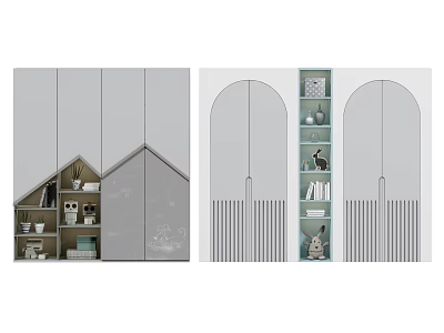 Modern Stylish Wardrobe Design with Arched Doors Open Shelves Storage Compartments Decorative Items and Books 3d model