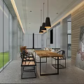 Hotel Public Lounge Area Featuring Large Windows Natural Views Long Wooden Table Black Metal Chairs