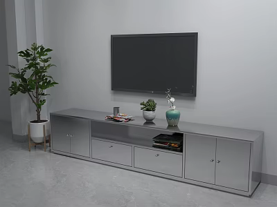 Sleek Modern TV Stand with Wall Mounted TV Storage Drawers Cabinets and Decorative Plants 3d model