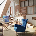 Spacious School Art Studio Featuring Large Windows Blue Chair Easels Paint Supplies Books And Artworks
