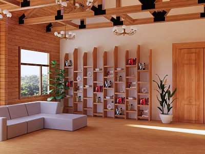 Multi Tiered Wooden Etagere In Living Room With Decorative Items Sofa And Plants 3d model