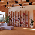 Multi Tiered Wooden Etagere In Living Room With Decorative Items Sofa And Plants