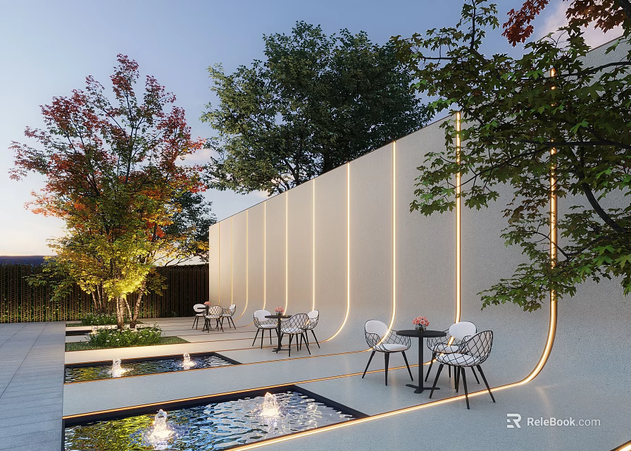 Elegant Modern Courtyard Garden With Illuminated Wall Pool Fountains Trees And Seating Area 3d model 