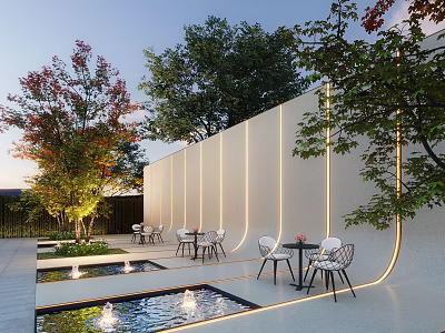 Elegant Modern Courtyard Garden With Illuminated Wall Pool Fountains Trees And Seating Area 3d model