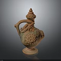 Reddish Brown Terracotta Household Vessel With Spire Top Curved Handle And Hollowed Patterns
