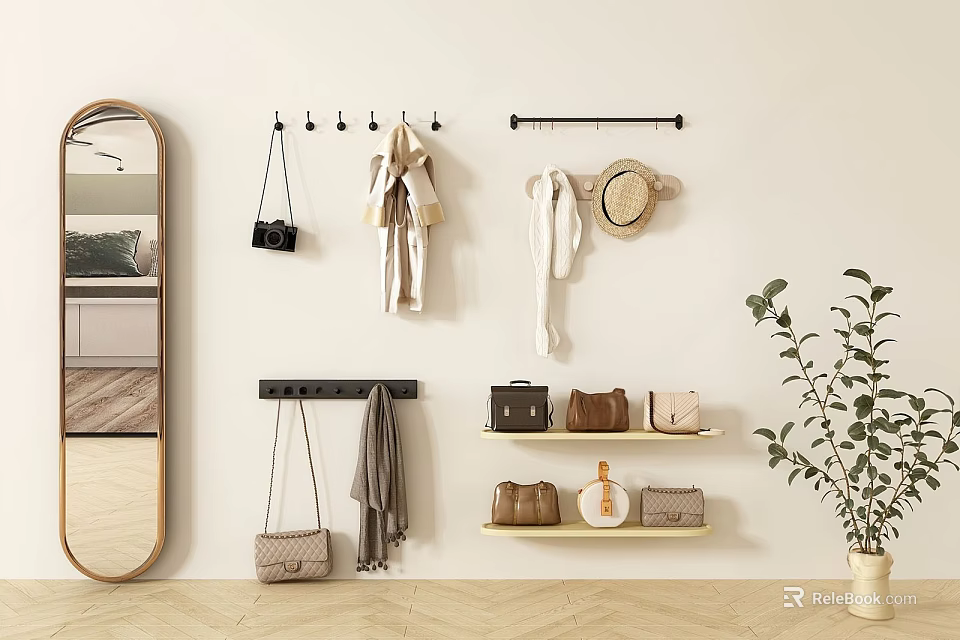 Stylish Wall Hooks Holding Coats Bags and Hat in Modern Interior with Mirror and Shelf 3d model 