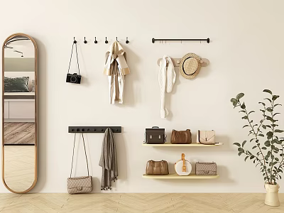 Stylish Wall Hooks Holding Coats Bags and Hat in Modern Interior with Mirror and Shelf 3d model