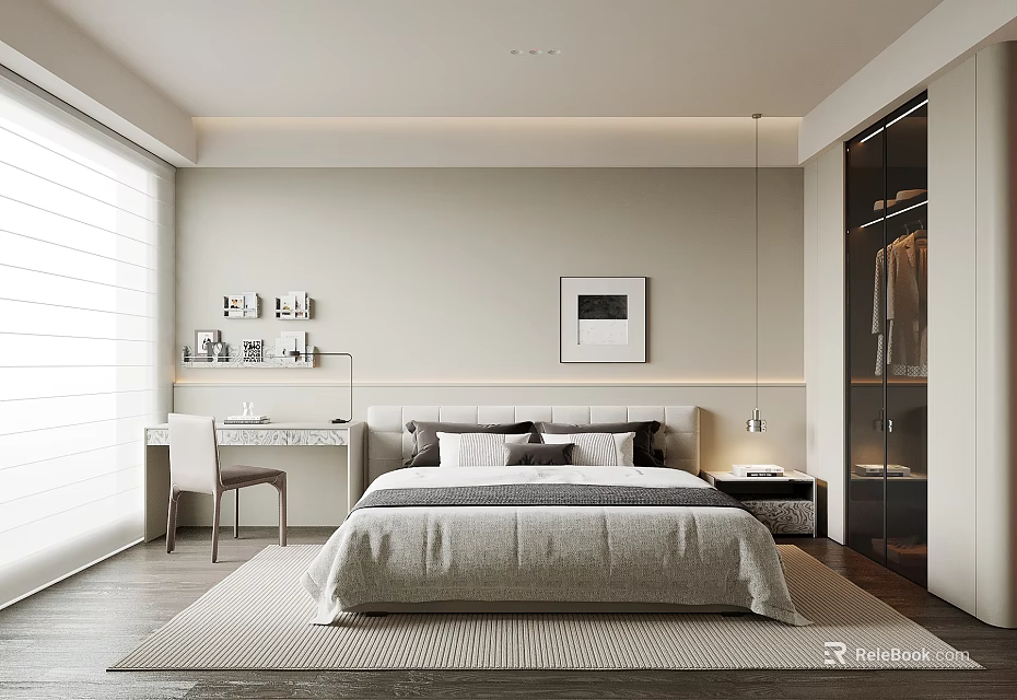 Modern Bedroom Interior Design With Bed Nightstand Desk Chair Open Wardrobe And Blinds 3d model 