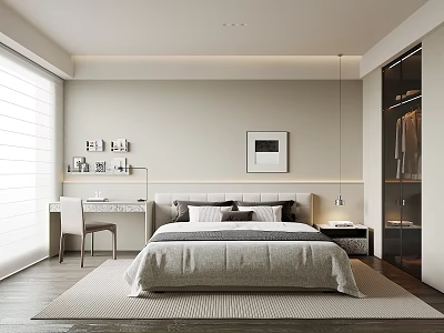 Modern Bedroom Interior Design With Bed Nightstand Desk Chair Open Wardrobe And Blinds 3d model