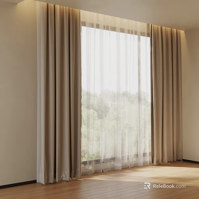 Light Colored Window Curtains With Sheer Layer And Tree View Wooden Floor 3d model