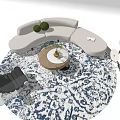 Modern Curved Light Sofa and Coffee Table Set with Wooden Round Table Blue White Rug
