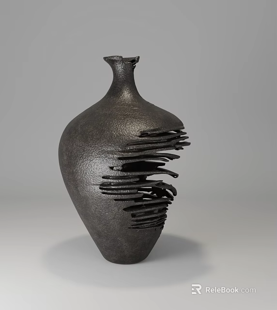 Black Ceramic Vase With Irregular Layered Cut Design For Home Decoration 3d model 