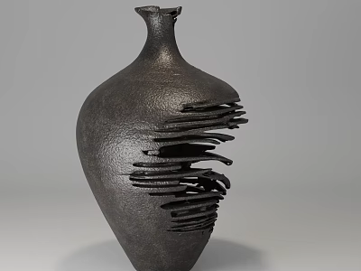 Black Ceramic Vase With Irregular Layered Cut Design For Home Decoration 3d model