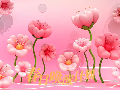 Spring Awakening Balloons With Pink Flower Decorations And Design Elements 3d model