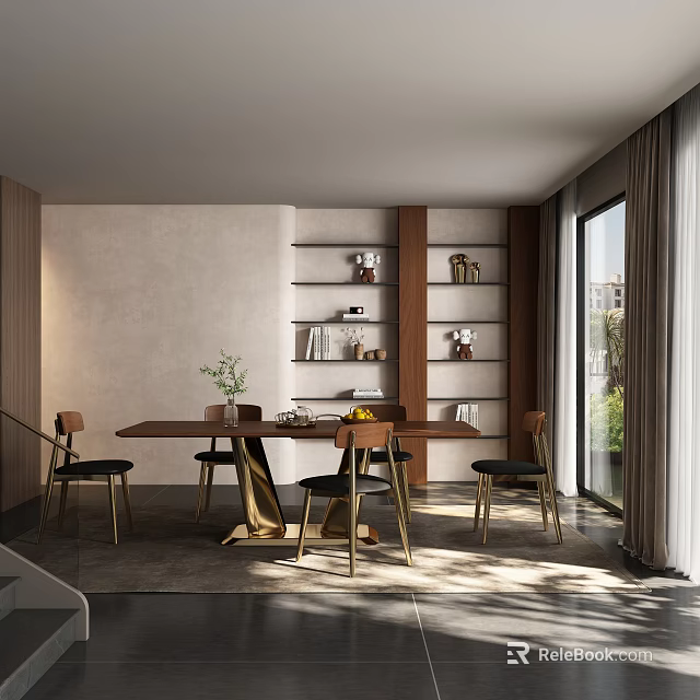 Modern Restaurant Interior With Long Dining Table Chairs And Shelves In Natural Light 3d model 