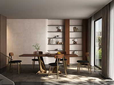 Modern Restaurant Interior With Long Dining Table Chairs And Shelves In Natural Light 3d model
