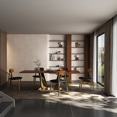 Modern Restaurant Interior With Long Dining Table Chairs And Shelves In Natural Light 3d model