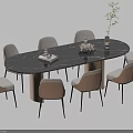 Modern Dining Set with Oval Black Marble Table Metal Legs and Eight Beige Padded Chairs
