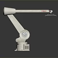 White Industrial Robotic Arm With Extended Arm And Base On Dark Background