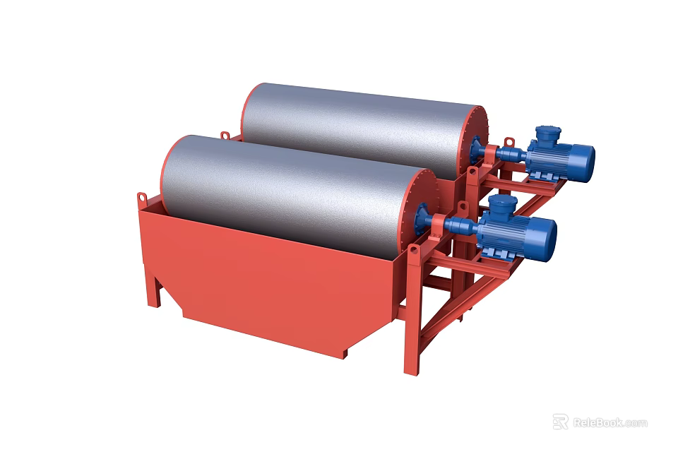 Industrial Equipment with Dual Silver Rollers Red Base and Blue Motors 3d model 