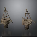 Traditional Woven Well Structures With Wooden Tripod Frame Rope Bucket And Stone Base