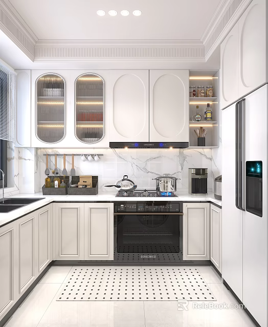 Modern Kitchen With White Cabinets And Glass Doors Marble Countertop Oven Refrigerator And Cooking Utensils 3d model 