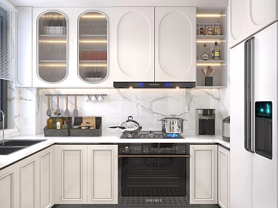 Modern Kitchen With White Cabinets And Glass Doors Marble Countertop Oven Refrigerator And Cooking Utensils 3d model