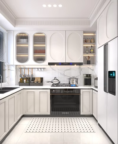 Modern Kitchen With White Cabinets And Glass Doors Marble Countertop Oven Refrigerator And Cooking Utensils 3d model
