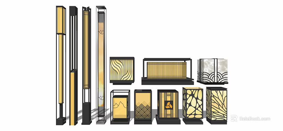 Modern Outdoor Lights With Various Styles Gold And Black Decorative Patterns 3d model 