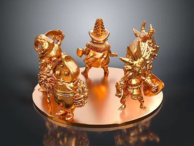 Golden Decorative Figurines Display With Four Character Figures On Circular Base 3d model