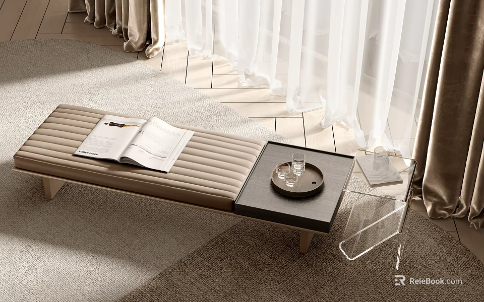 Upholstered Footrest With Open Book And Side Tables Near Curtains 3d model 