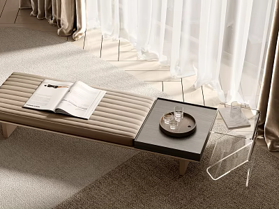 Upholstered Footrest With Open Book And Side Tables Near Curtains 3d model