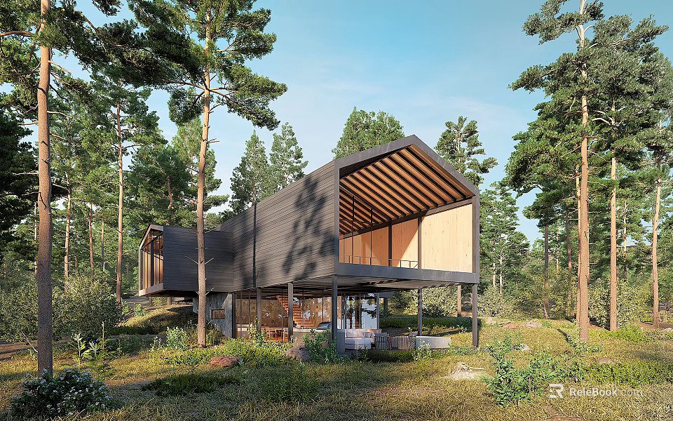 Modern Detached House Surrounded By Tall Trees In Wooded Area With Large Windows 3d model 