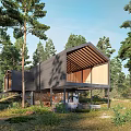 Modern Detached House Surrounded By Tall Trees In Wooded Area With Large Windows