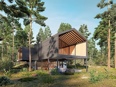 Modern Detached House Surrounded By Tall Trees In Wooded Area With Large Windows 3d model