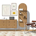 Wooden Console Table With Drawers Shelves Decorative Paintings And Accent Chair