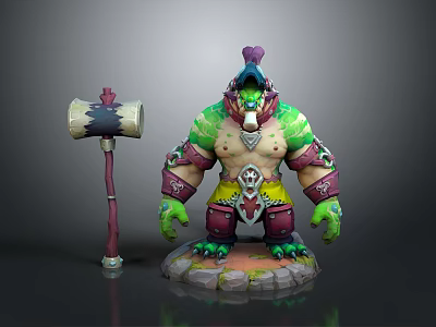 Muscular Green Skinned Fantasy Game Character With Hammer Weapon And Stone Base 3d model
