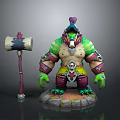 Muscular Green Skinned Fantasy Game Character With Hammer Weapon And Stone Base